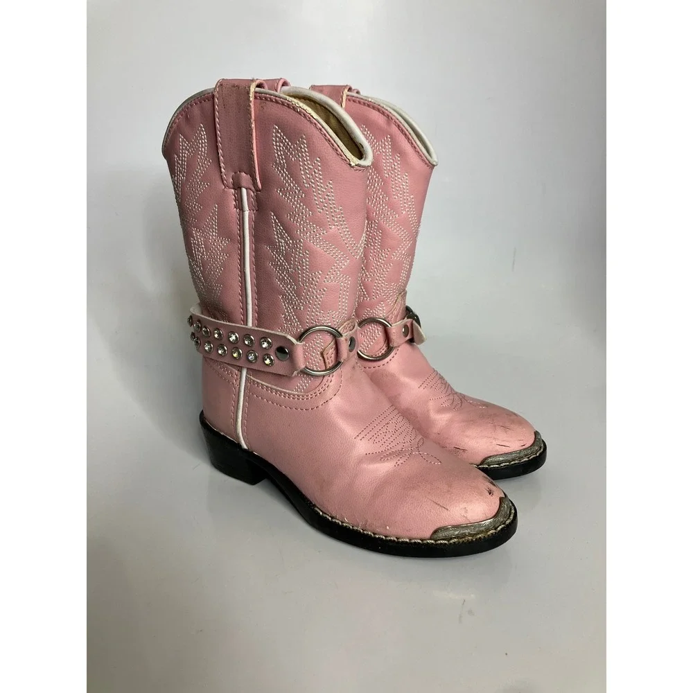 Durango Cowboy‎ Boots Youth 10D Pink leather good Rhinestone Harness western